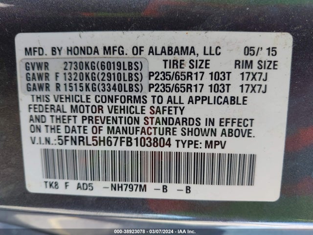 Honda Odyssey Ex-l 2015 5FNRL5H67FB103804 Image 9