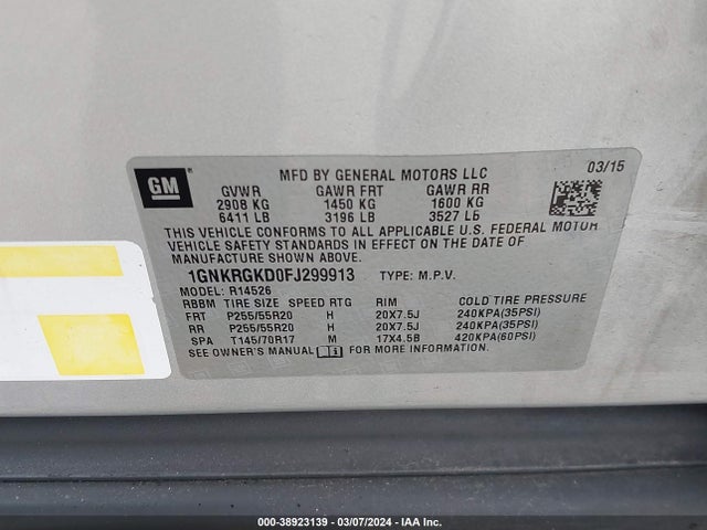 Chevrolet Traverse 1lt 2015 1GNKRGKD0FJ299913 Image 9