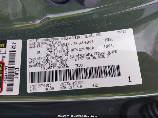 Toyota Tundra Sr5 2022 5TFLA5DB7NX026886 Image 9