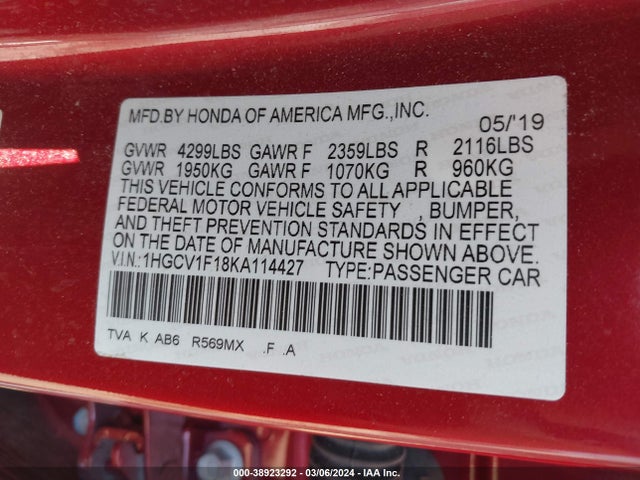 Honda ACCORD LX 2019 1HGCV1F18KA114427 Image 9