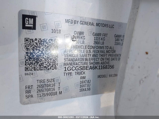 Chevrolet Colorado Wt 2019 1GCGSBEA6K1168356 Image 9