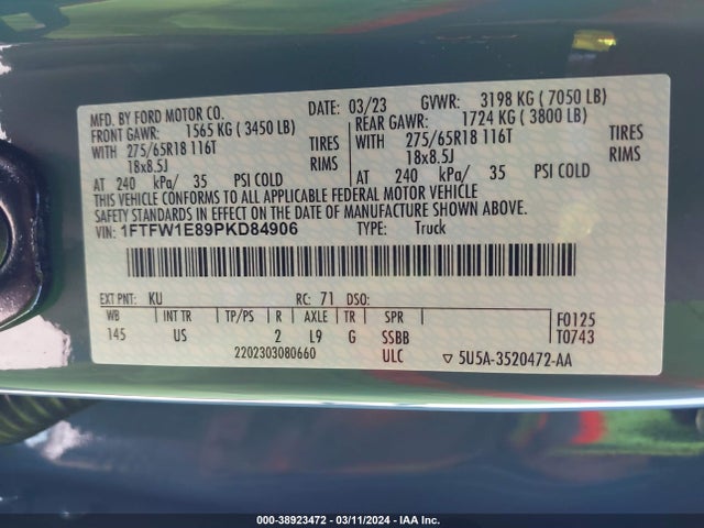 1FTFW1E89PKD84906 Ford F-150 Xlt