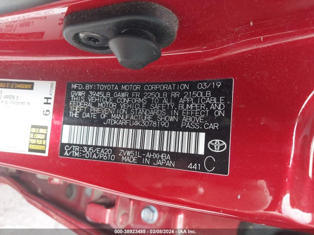 Toyota PRIUS XLE 2019 JTDKARFU4K3078190 Image 9