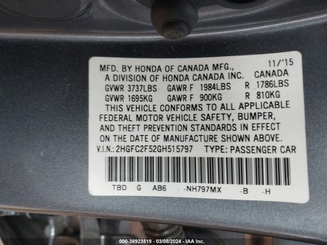 Honda Civic Lx 2016 2HGFC2F52GH515797 Image 9