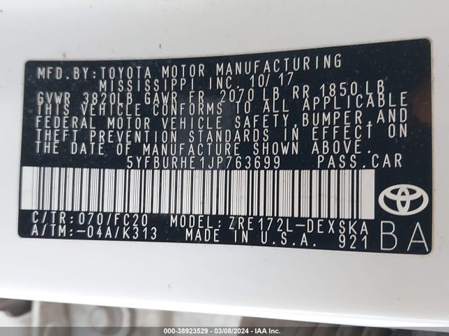 Toyota COROLLA SE 2018 5YFBURHE1JP763699 Image 9