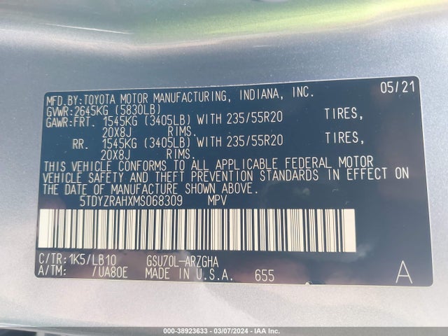 Toyota Highlander Limited 2021 5TDYZRAHXMS068309 Image 9