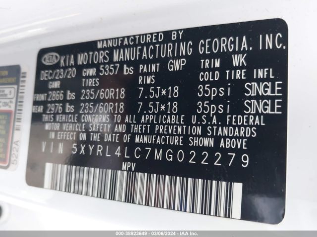 5XYRL4LC7MG022279 KIA SORENTO S