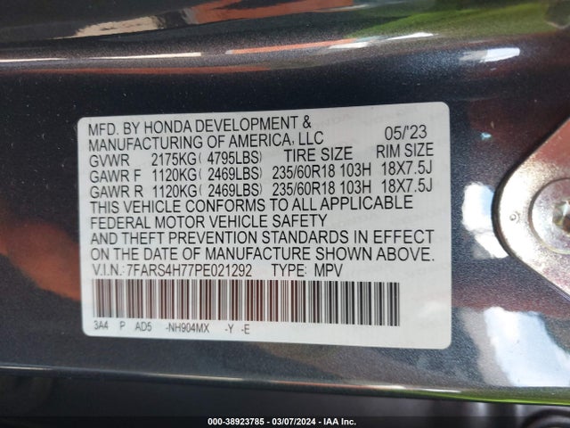 Honda Cr-v Ex-l Awd 2023 7FARS4H77PE021292 Image 9