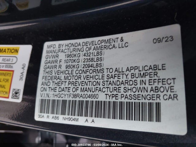Honda ACCORD EX 2024 1HGCY1F38RA004660 Image 9