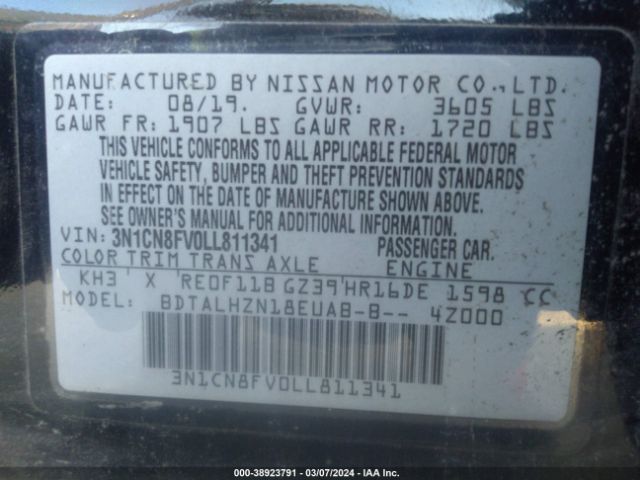 3N1CN8FV0LL811341 Nissan Versa Sr Xtronic Cvt