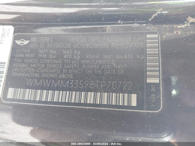 2008 MINI COOPER S CLUBMAN WMWMM33598TP70722 Photo 8