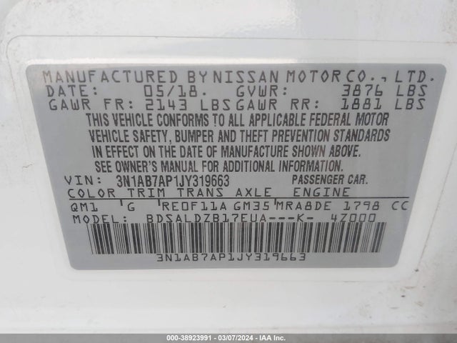 Nissan SENTRA SV 2018 3N1AB7AP1JY319663 Image 9