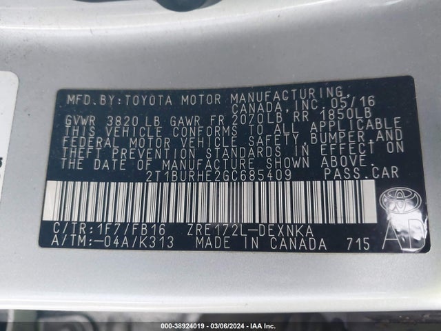 Toyota COROLLA LE 2016 2T1BURHE2GC685409 Image 9