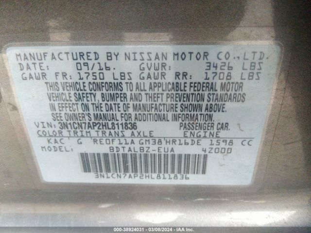 3N1CN7AP2HL811836 Nissan Versa 1.6 Sv