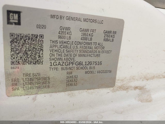 2020 CHEVROLET EXPRESS PASSENGER RWD 3500 EXTENDED WHEELBASE LT VIN: 1GAZGPFG6L1207516