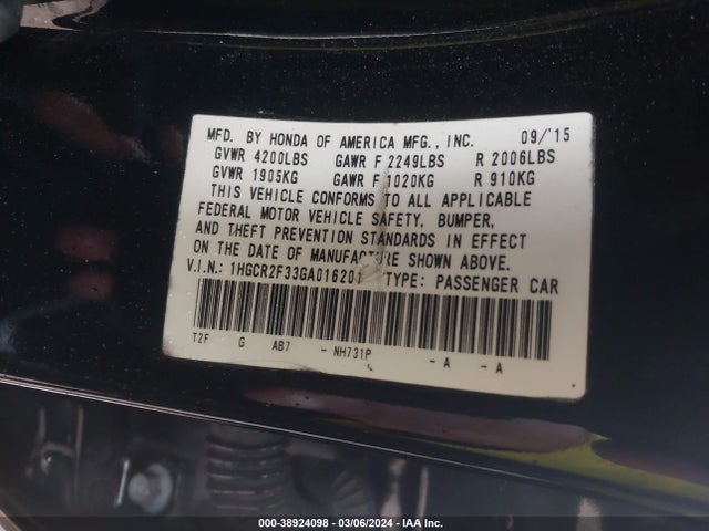 Honda ACCORD LX 2016 1HGCR2F33GA016201 Image 9