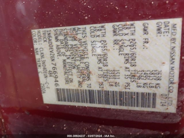 1N6AD0EV2EN766946 Nissan Frontier Sl