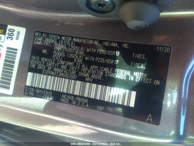 Toyota SIENNA XLE 2021 5TDYRKECXMS003997 Image 9