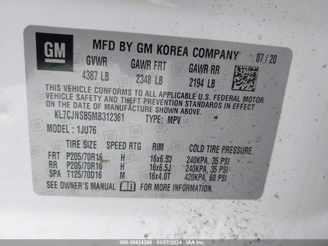 Chevrolet Trax Awd Ls 2021 KL7CJNSB5MB312361 Image 9