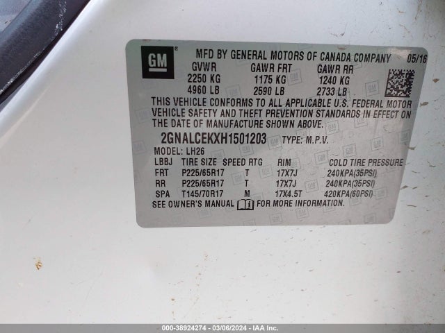 Chevrolet EQUINOX LT 2017 2GNALCEKXH1501203 Image 9