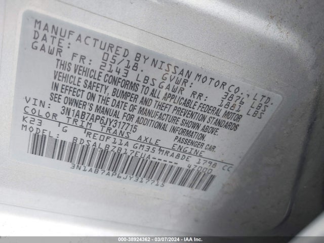 Nissan SENTRA S 2018 3N1AB7AP6JY317715 Image 9