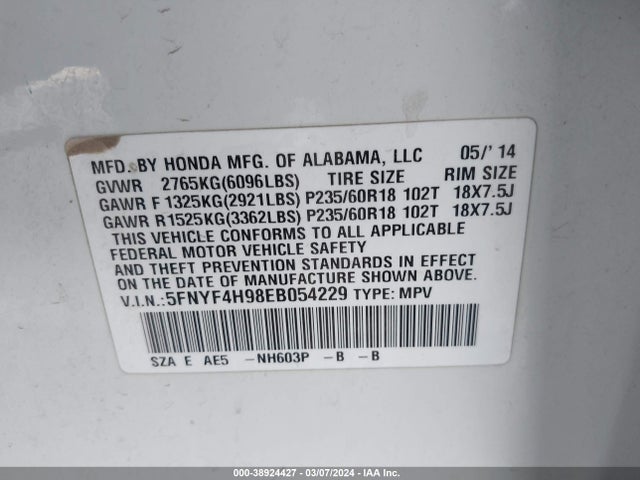 Honda Pilot Touring 2014 5FNYF4H98EB054229 Image 9
