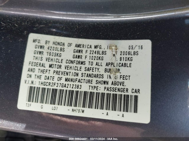 Honda ACCORD LX 2016 1HGCR2F37GA212383 Image 9