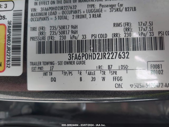 Ford FUSION SE 2018 3FA6P0HD2JR227632 Image 9