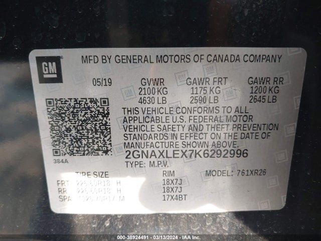 Chevrolet EQUINOX LT 2019 2GNAXLEX7K6292996 Image 9