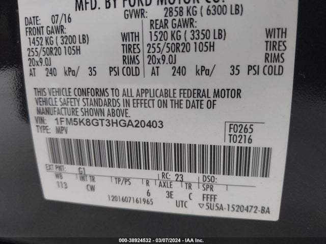 Продажа на аукционе авто 2017 Ford Explorer Sport, vin: 1FM5K8GT3HGA20403, номер лота: 38924532