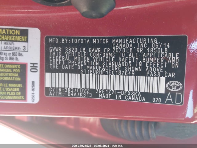 Toyota Corolla S Plus 2014 2T1BURHE1EC187649 Image 9