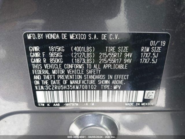 3CZRU5H35KM708102 Honda HR-V LX