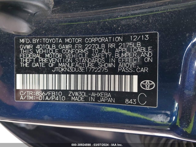 Toyota Prius Two 2014 JTDKN3DU3E1772275 Image 9