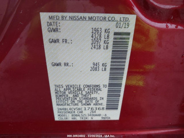 Nissan Altima 2.5 Sr 2019 1N4BL4CV5KC176368 Image 9