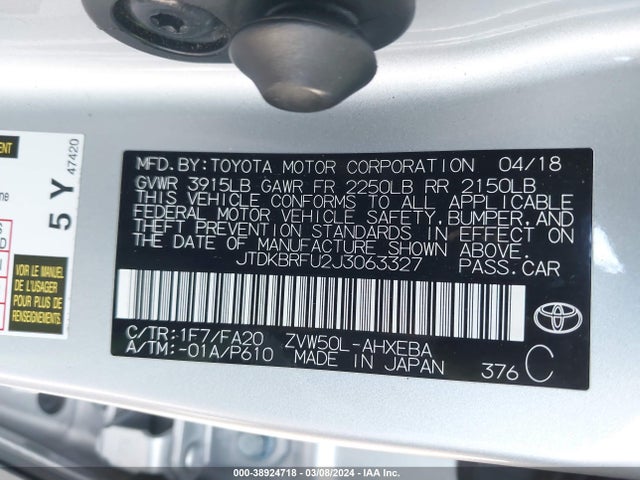 Toyota Prius Two 2018 JTDKBRFU2J3063327 Image 9