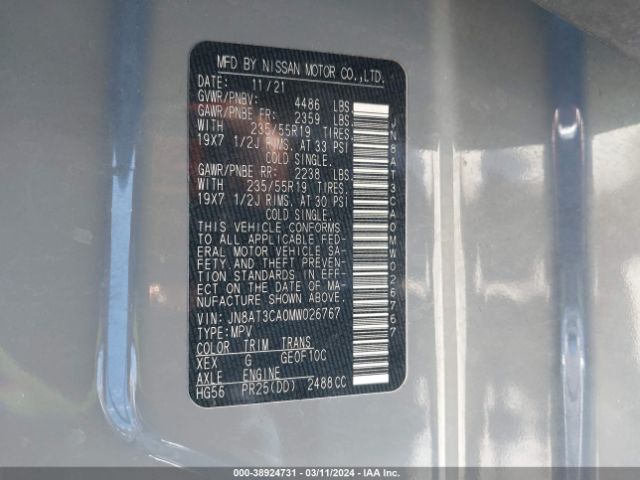 JN8AT3CA0MW026767 Nissan Rogue Sl Fwd