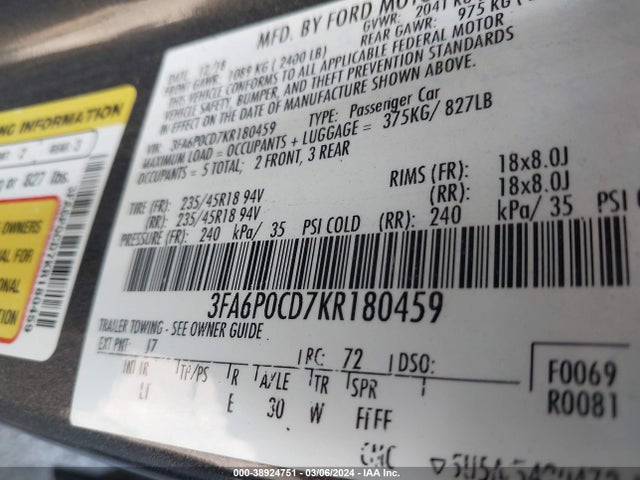 Ford FUSION SEL 2019 3FA6P0CD7KR180459 Image 9