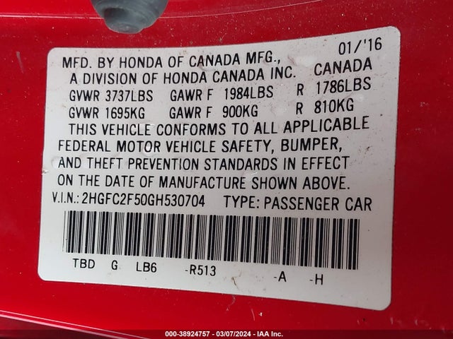 Honda Civic Lx 2016 2HGFC2F50GH530704 Image 9