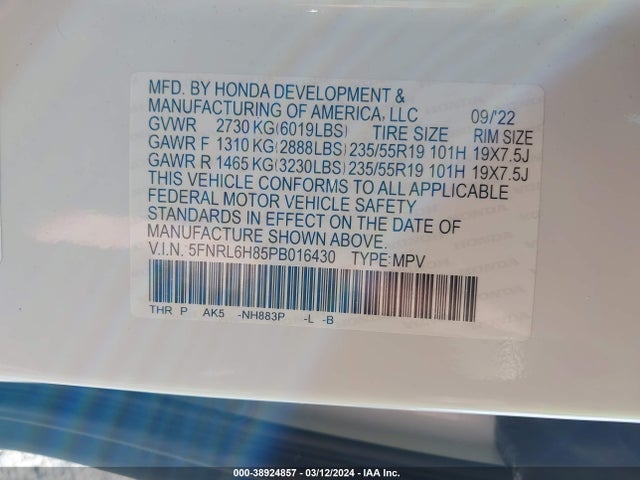 Honda Odyssey Touring 2023 5FNRL6H85PB016430 Image 9