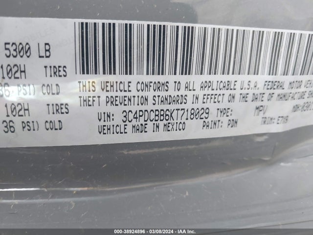 2019 Dodge Journey Se მანქანა იყიდება აუქციონზე, vin: 3C4PDCBB6KT718029, აუქციონის ნომერი: 38924896