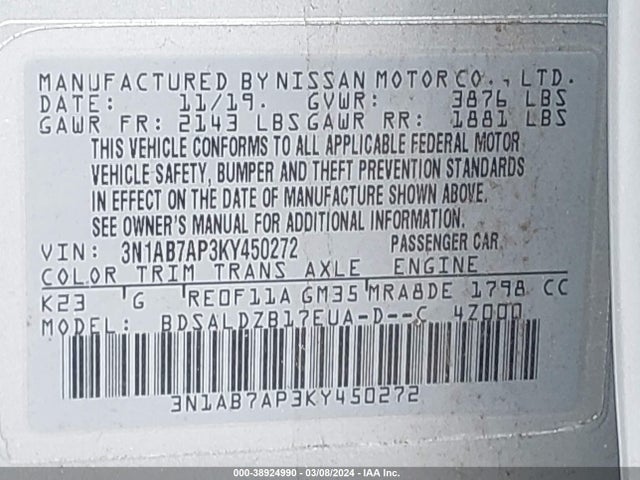 Nissan SENTRA SV 2019 3N1AB7AP3KY450272 Image 9