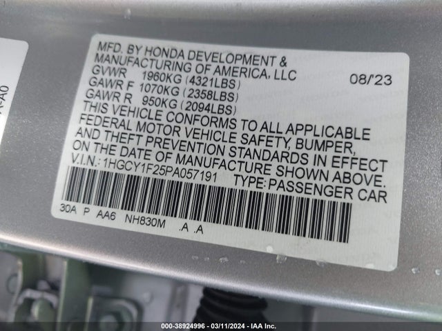 Honda ACCORD LX 2023 1HGCY1F25PA057191 Image 9