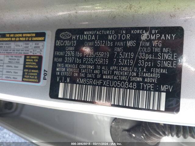 Hyundai Santa Fe Limited 2014 KM8SR4HFXEU050348 Image 9