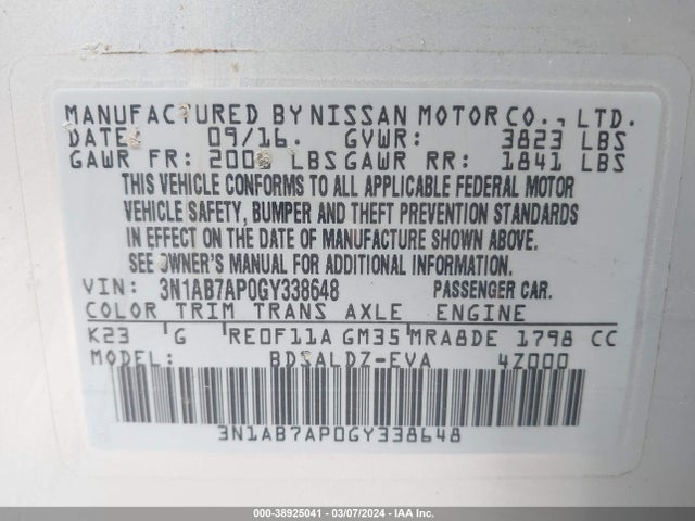 Nissan SENTRA SV 2016 3N1AB7AP0GY338648 Image 9
