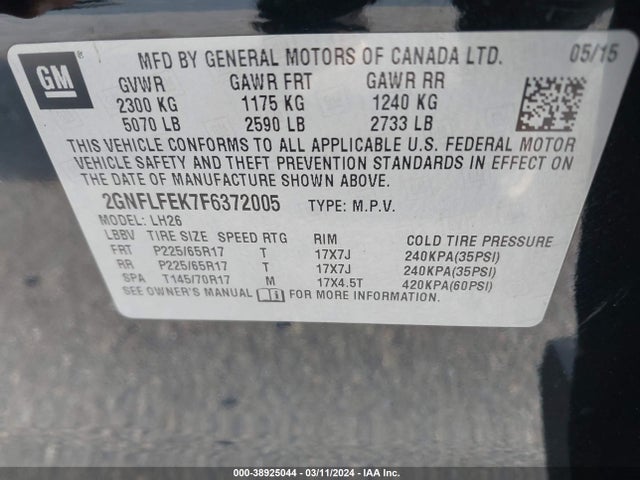 Chevrolet EQUINOX 1LT 2015 2GNFLFEK7F6372005 Image 9