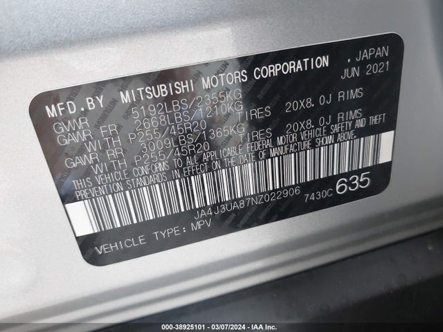 JA4J3UA87NZ022906 Mitsubishi Outlander Black Edition 2wd/se 2.5 2wd/se Launch Edition 2wd