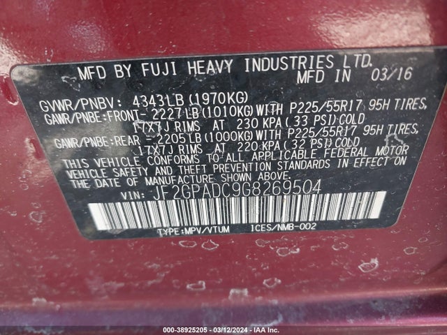 Subaru Crosstrek 2.0i Premium 2016 JF2GPADC9G8269504 Image 9
