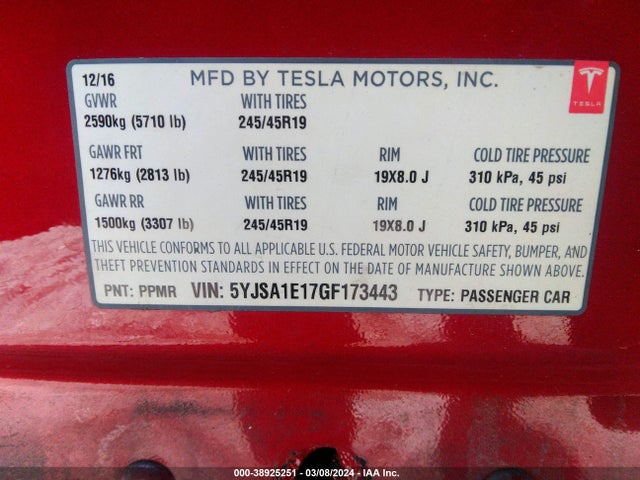 Tesla Model S 60/70/75/85 2016 5YJSA1E17GF173443 Image 9