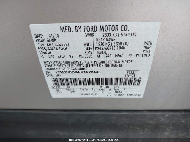 Ford EXPLORER XLT 2018 1FM5K8D84JGA78445 Image 9