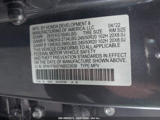 Honda Pilot 2wd Special Edition 2022 5FNYF5H21NB023638 Image 9